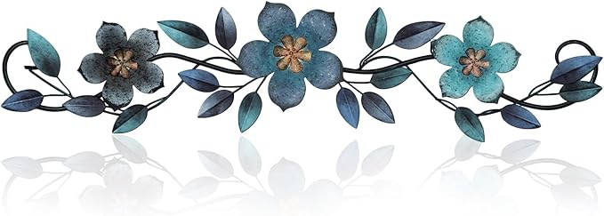 Wesiti Metal Flower Wall Decor Vintage Spring Metal Flower Wrought Iron Scroll Sculpture 15.7''x3.7'' Farmhouse Leaves Wall Decor with Nails for Spring Living Room Bedroom Indoor Outdoor(Blue)