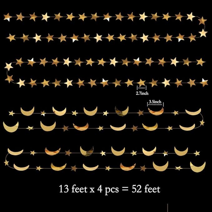 Decor365 Gold Moon Star Garland Ramadan Decorations Twinkle Little Star Two the Moon Birthday Party Decoration Whimsical Decor Starry New Year Eve Banner Hanging Stars Baby Shower EID Muburak Decor