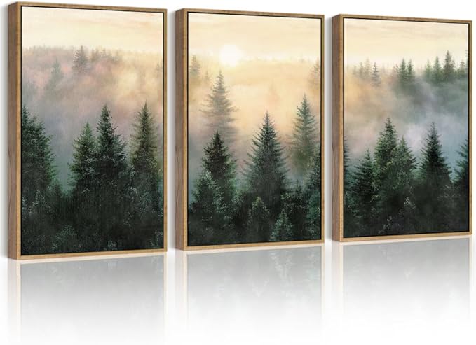 Drsoum Green Fog Pine Tree Landscape Wall Art Framed Nature Misty Nordic Forests Prints Morden Farmhouse Rustic Artwork Hallway Bedroom Ready to Hang 12x16in Natural Framed