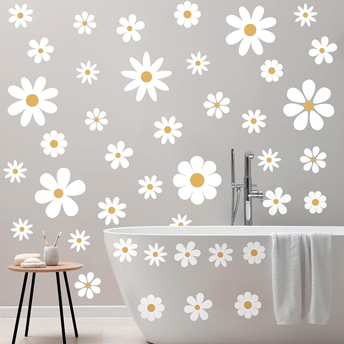 TaoBary 12 Sheet Daisy Wall Sticker Decal Removable Cute Daisy Bedroom Room Decor Flower Wall Sticker Pink White Flower Decal Wallpaper Peel and Stick for Nursery Home(White, Yellow,Classic Style)