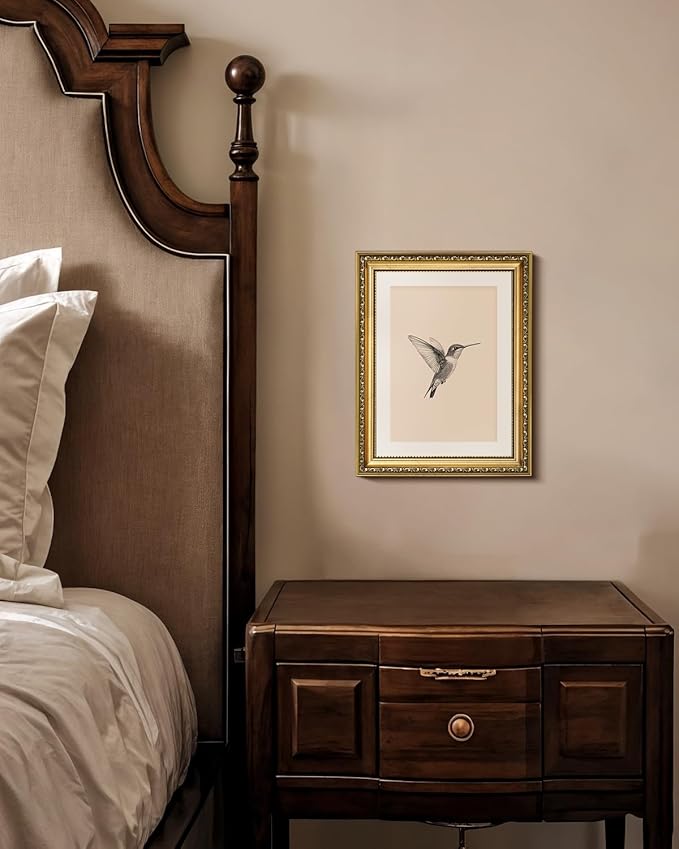 VIYYIEA Gold Framed Elegant Hummingbird Sketch Canvas Wall Art, Vintage Nature Illustration, Minimalist Cream Background Decor | No-Glass Design, Lightweight Anti-Glare Construction | 11x14 Inch
