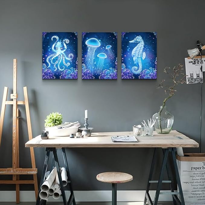 DZRWUBHS Large Wall Art For Living Room Bedroom Wall Decor Blue Ocean Life Theme Art Prints Wall Artworks Sea Animal Sea Horse Octopus Jellyfish Pictures Bathroom Modern Home Decor Painting Posters