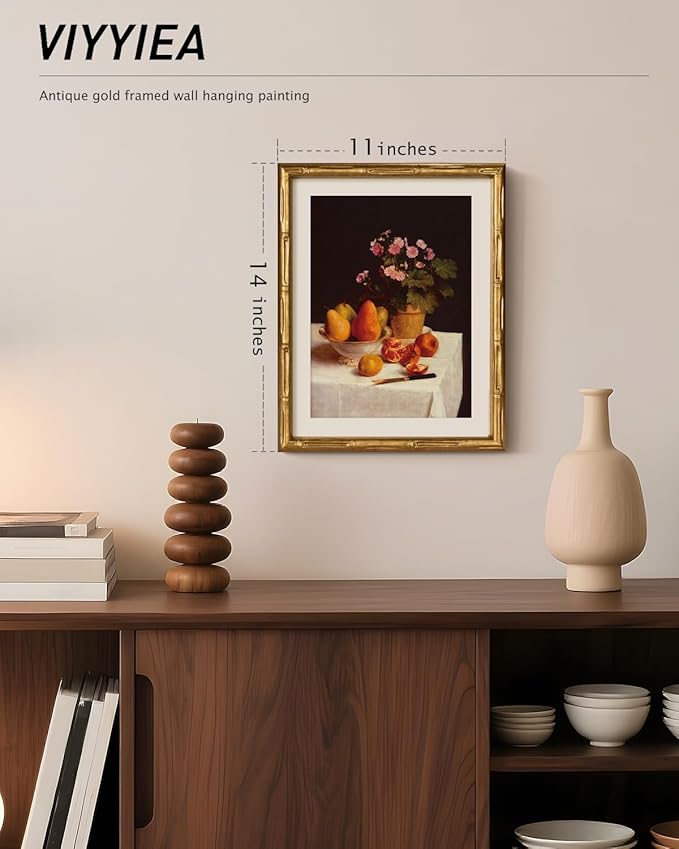 VIYYIEA Bamboo Detail Design Gold Framed Wall Art, Afternoon Teatime Canvas Prints, Vintage Framed Wall Decor, Picture Print Painting for Home Decor, 11 x 14 Inch