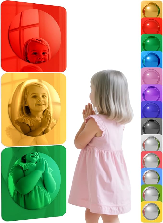 Geiserailie 3 Pcs Sensory Wall Mirror Acrylic Bubble Mirror Toys for Calming Corner Items - Sensory Room Have Visual, Tactile Stimulation (10 x 10 Inch,Red,Yellow,Green)