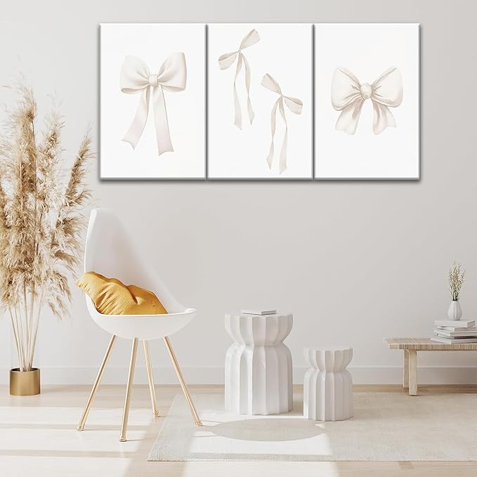 Djmwtb Coquette Beige Bow Wall Art Decor Posters, Cute Bow Bedroom Canvas Wall Art Decor Aesthetic for Teen Girls Room, Preppy Bow Pictures Wall Decor Paintings Prints, 16x24in Framed Set of 3