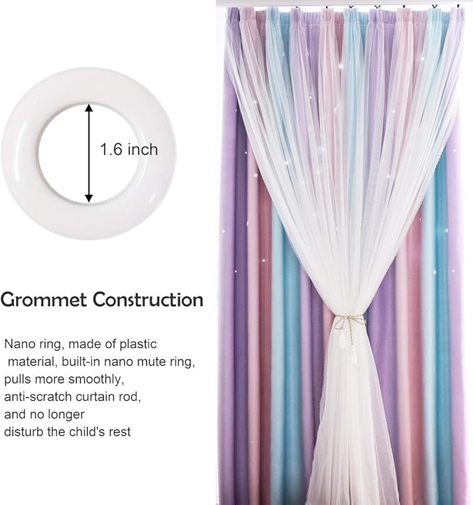 UNISTAR 2 Panels Blackout Stars Curtains for Kids Girls Bedroom Aesthetic Living Room Decor Colorful Double Layer Star Cut Out Stripe Pink Rainbow Window Wall Home Decoration Curtain,W52 x L84 Inches