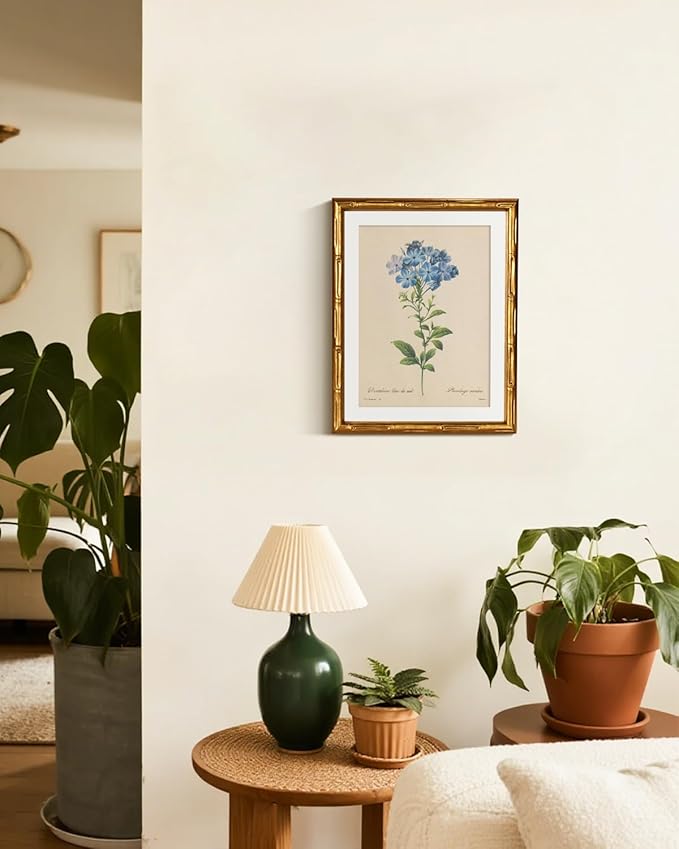 InSimSea Gold Bamboo Framed Canvas Wall Art, Vintage Minimalist Blue Botanical Prints, Antique Picture Frame with Mat, Victorian Home Wall Decor for Kitchen Dining Living Room Bedroom, 11x14inch