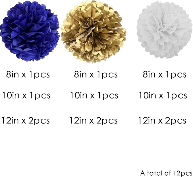 We Moment Navy Blue Gold White Paper Pom Poms Decorations for Boys Girls Birthday Graduation Decoration Ceiling Wall Hanging Tissue Flowers Decorations 12pcs,3 Colors