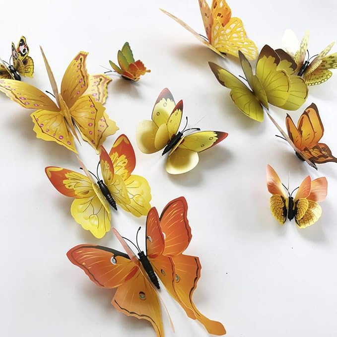 24pcs 3D Colorful Butterfly Wall Stickers DIY Art Decor Crafts for Party Nursery Classroom Offices Kids Girl Boy Baby Bedroom Bathroom Living Room Magnets and Glue Sticker Set (Yellow-Double Wing)