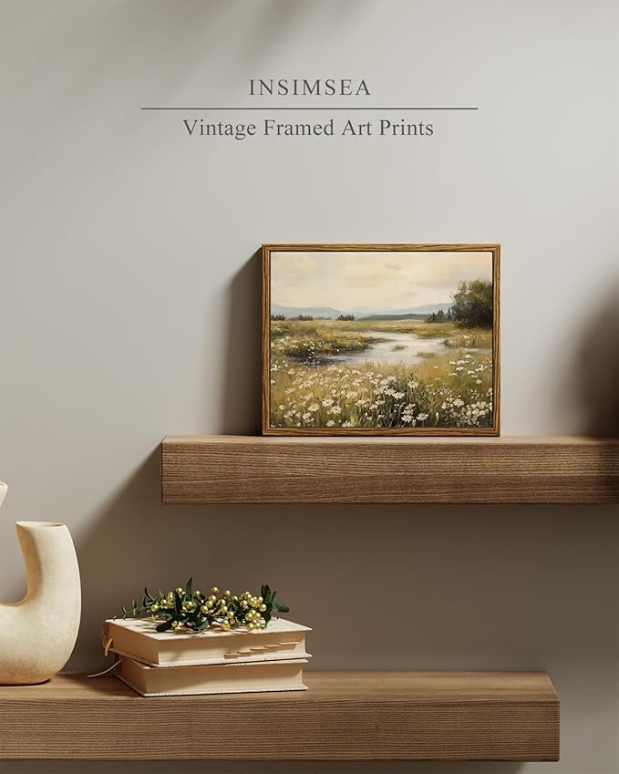 InSimSea Framed Canvas Wall Art, Vintage Floral Wildflower Field Prints Wall Decor for Living Room, Small Retro Landscape Painting Farmhouse Decorations for Bedroom Shelf Gift, 8x10inch