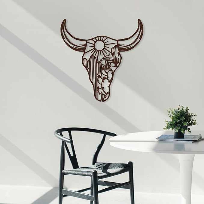 RESACO Cow Skull Metal Wall Art Western Wall Decor Western Bathroom Decorations Southwestern Decor Desert Wall Sculptures for Living Room Bedroom Indoor Outdoor (13in x 13in brown)