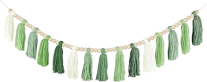 Boho Yarn Tassel Garland - Handmade Wall Hanging Decor for Nursery, Baby Shower, Kids Room, Classroom, Birthday Party | Macrame Tassels Bunting Banner for Bedroom, Office, Home Decoration (Green)