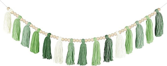 Boho Yarn Tassel Garland - Handmade Wall Hanging Decor for Nursery, Baby Shower, Kids Room, Classroom, Birthday Party | Macrame Tassels Bunting Banner for Bedroom, Office, Home Decoration (Green)