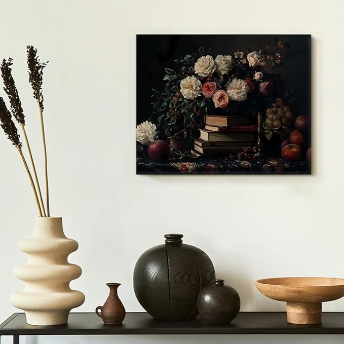 Vintage Books Flowers Wall Art Decor Dark Academia Canvas Print Poster Aesthetic Framed Painting Wall Decorations for Home Farmhouse Living Room Decor 8x10 Inch