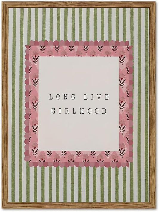 Long Live Girlhood Wall Art Vintage Girl Nursery Wall Decor Picture, Pink and Green Striped Baby Girls Poster Canvas Print Painting Artwork for Living Room Bedroom 12x16 inch Wood Framed
