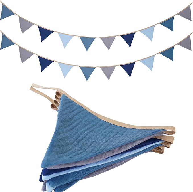 19.6ft Garland Triangle Banners, Pennant Banner Bunting Flags Fabric for Shower Birthday Party Decorations Playroom Decor (Blue grey 2PCS)