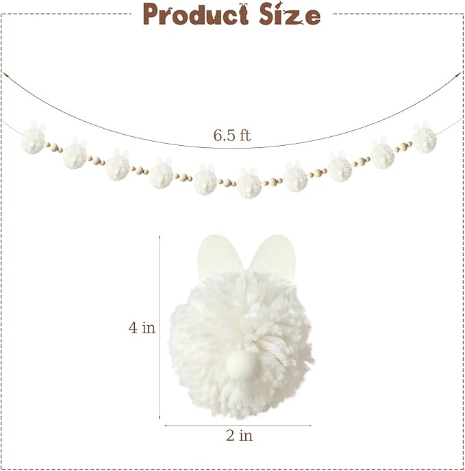 Easter Garland Decorations: Cute White Bunny Easter Garland with Wooden Beads, Rustic Rabbit Banner Decor for Mantel Fireplace Farmhouse Home Office Wall Indoor Outdoor Spring