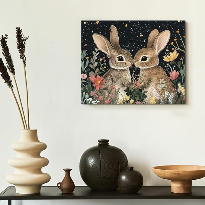Aesthetic Rabbits Wall Art Decor Dark Witchy Rabbit Moon Celestial Canvas Print Poster Floral Framed Painting for Home Living Bedroom Decor 8x10 Inch