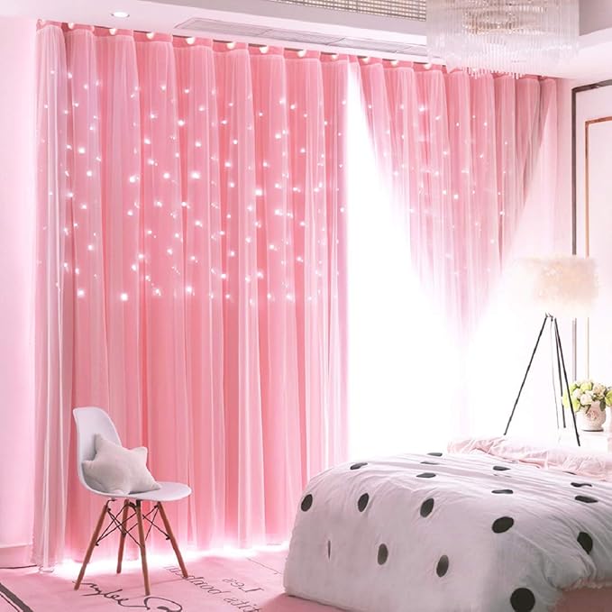UNISTAR 2 Panels Stars Blackout and Sheer Curtains for Bedroom Girls Kids Baby Room, Double Layer Star Cut Out Living Room Window Curtain, W42 x L84 Inches Long, Pink