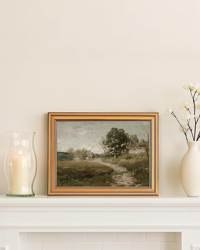 ARPEOTCY Gold Framed Canvas Wall Art, 12x16inch, Country Road Landscape Art Prints, Retro Vintage Decor for Kitchen Bedroom Living Room Shelf, Rustic Earthy Moody Decor,Small