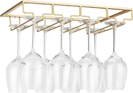 Wine Glass Rack Under Cabinet - Stemware Holder Metal Wine Glass Organizer Glasses Storage Hanger for Bar Kitchen Gold 4 Rows