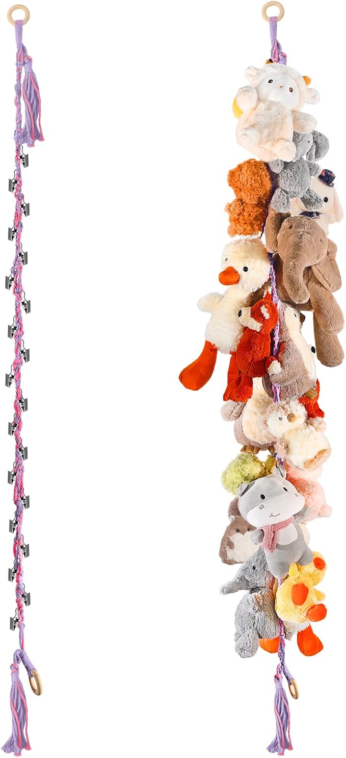80" Cotton Hanging Storage Chain For Stuffed Animals Storage with 20 Metal Clips, Stuffed Animal Organizer Chain for Wall Corner Nursery Play Room, Rainbow