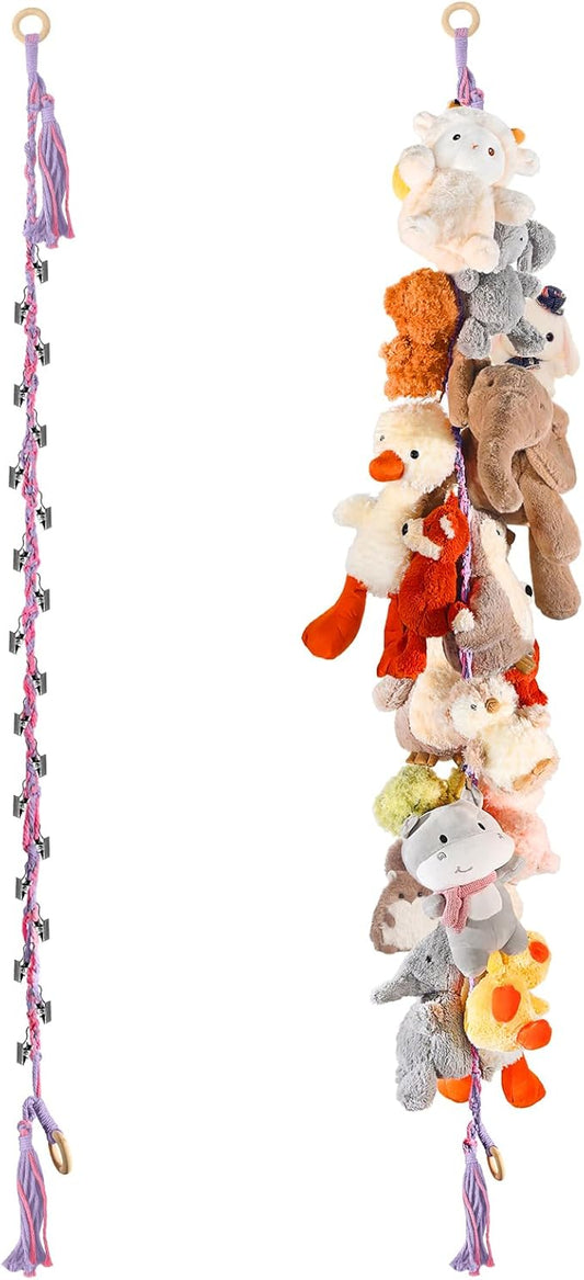 80" Cotton Hanging Storage Chain For Stuffed Animals Storage with 20 Metal Clips, Stuffed Animal Organizer Chain for Wall Corner Nursery Play Room, Rainbow