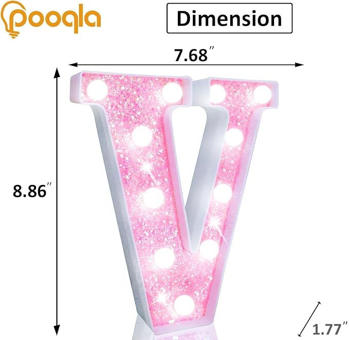 Pooqla LED Marquee Letter Lights, Light Up Pink Letters Glitter Letter Sign for Girls Gifts, Battery Powered for Night Light Birthday Party Wedding Home Bar Christmas Decoration, Cool White Pink V