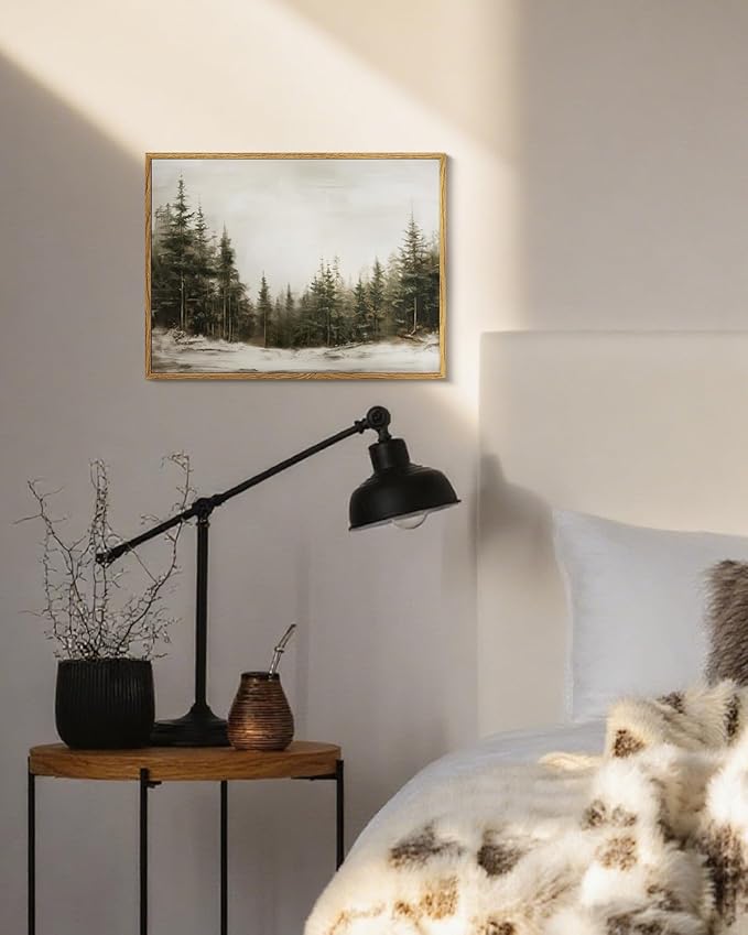 Winter Forest Wall Art 12x16 Framed Canvas Print, Neutral Nature Snow Pine Tree Landscape Painting, Rustic Woodland Artwork Living Room Bedroom Entryway Farmhouse Christmas Holiday Home Decor