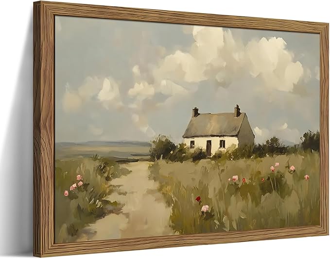 Vintage Wall Art, Framed English Countryside Cottage Painting Print, Country Farmhouse Canvas Wall Art, Rustic Landscape Pictures Artwork Wall Decor for Bedroom Living Room – 16x24 inch