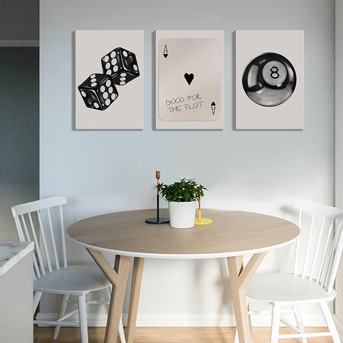 3Pcs Black and White Poker Dice Canvas Wall Art Funky Retro Y2K Trendy Preppy Pictures Lucky 8 Ball Poster Prints Artwork Painting for Game Room Apartment Dorm Aesthetic Decor 12x16in