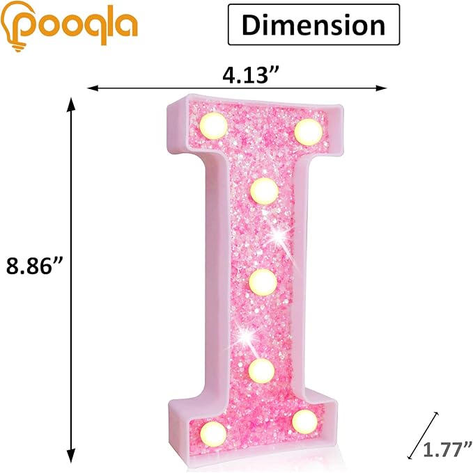 Pooqla LED Marquee Letter Lights, Light Up Pink Letters Glitter Alphabet Letter Sign Battery Powered for Night Light Birthday Party Wedding Girls Gifts Home Bar Christmas Decoration, Pink I