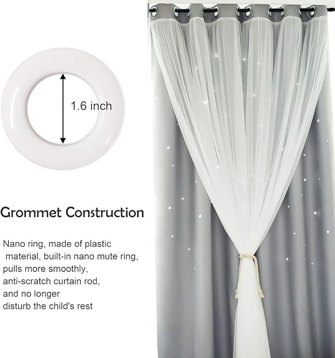 UNISTAR 2 Panels Stars Blackout Curtains for Bedroom Girls Kids Baby Window Curtain Double Layer Star Cut Out Aesthetic Living Room Decor Wall Home Decorations Curtain,W52 x L63 Inches,Grey