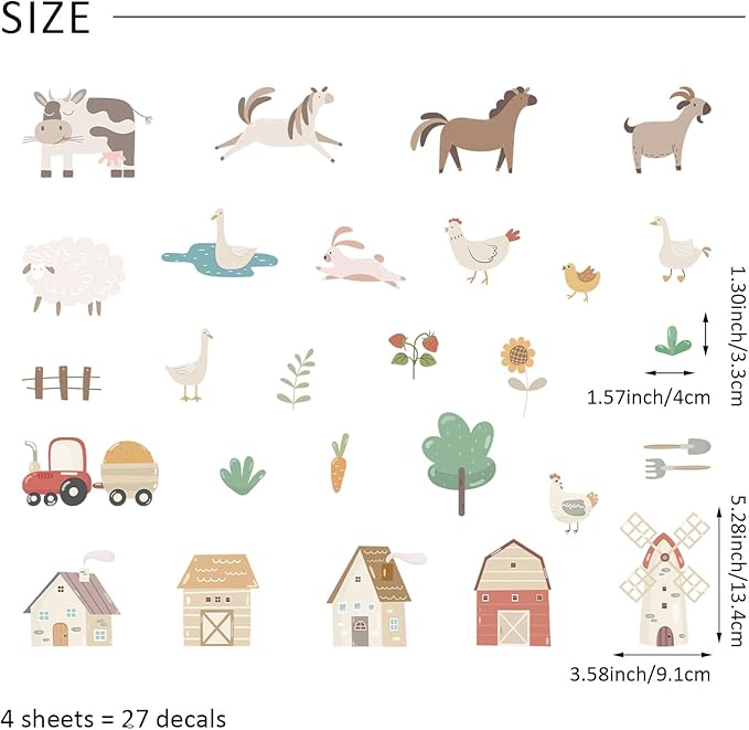 27 PCS Animal Stickers Wall Decals Peel and Stick, Farm Stickers Decor for Playroom, Boho Farm Animals