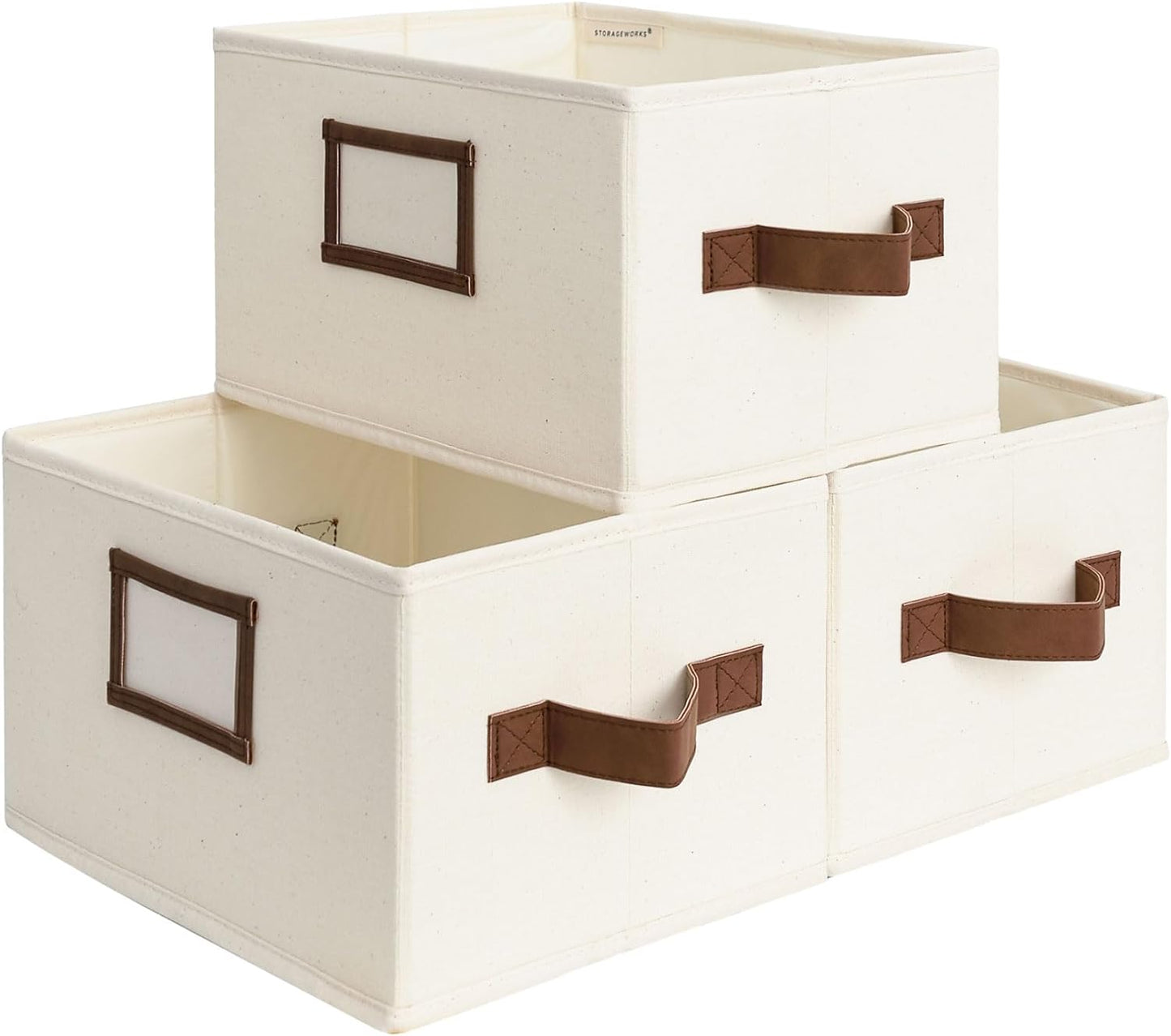 StorageWorks Storage Baskets for Shelves, Foldable Fabric Closet Storage Bins with PU Handles, Fabric Storage Bins Clothes Organizer, Ivory White, 3-Pack, Small