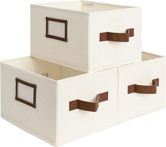 StorageWorks Storage Baskets for Shelves, Foldable Fabric Closet Storage Bins with PU Handles, Fabric Storage Bins Clothes Organizer, Ivory White, 3-Pack, Small