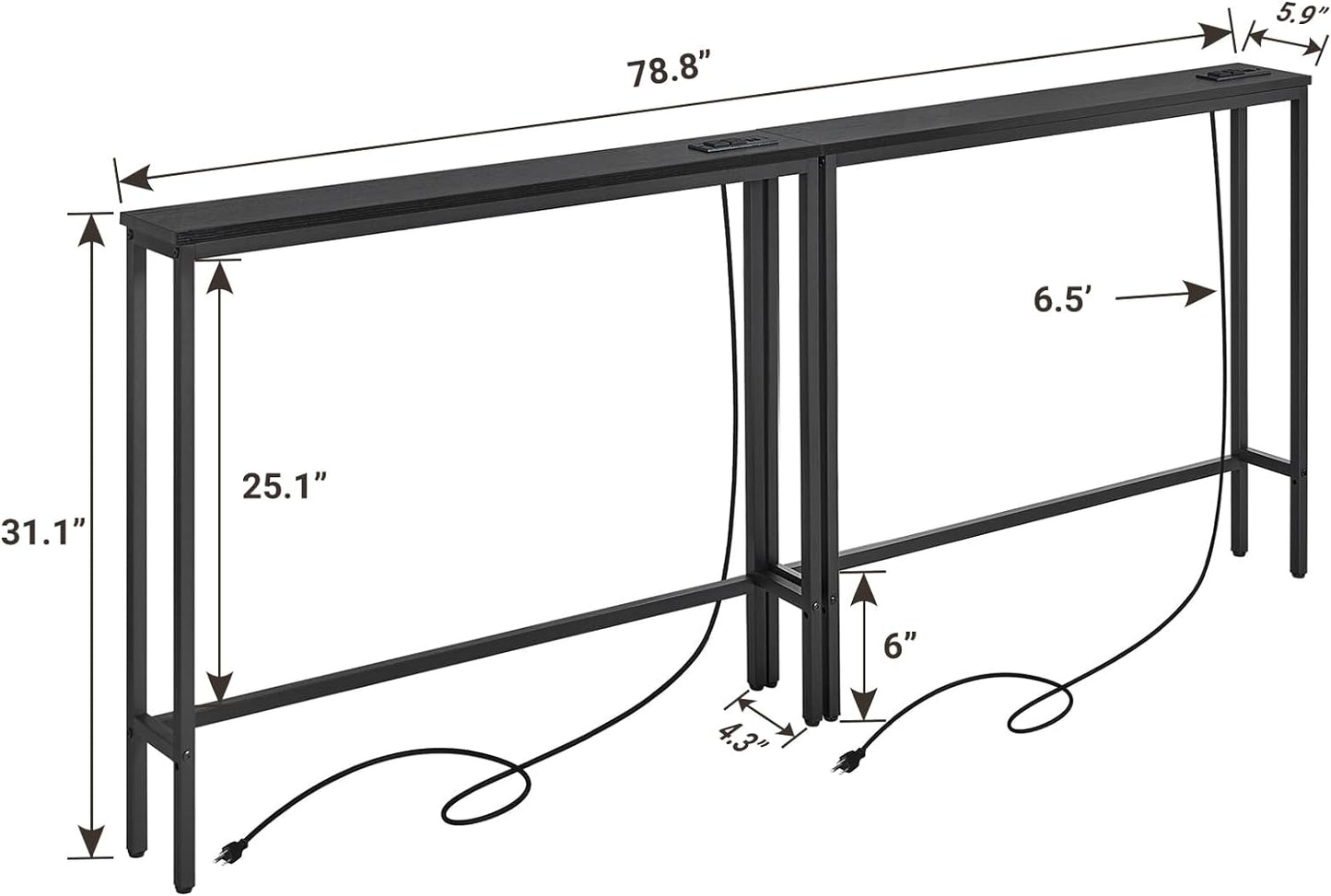 ELYKEN 2 Pack 5.9" Narrow Console Sofa Table with Power Outlets, 5.9" Dx39.4 Wx31.1 H Long Black Behind Couch Table with Metal Frame and Charge Station with 6.5’ Extension Cord