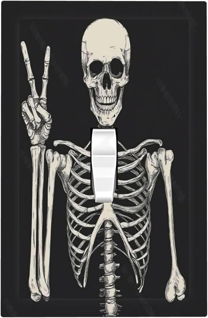 Decorative Light Switch Cover Skeleton Skull Boho Hippie Dark Background 1 Gang Single Toggle Device Electrical Faceplate Switchplates Decorator Outlet Wall Plate For Cabin Office Decor