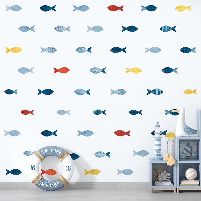 80 Pcs Creative Ocean Fish Wall Decals, Peel and Stick Blue Fish Wall Stickers, Vibrant Sea Life Watercolor Fishing Wall Decor for Kids Room Nursery Bedroom Playroom Classroom