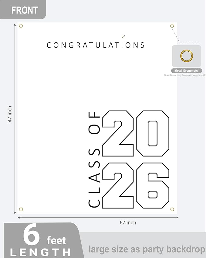 Class of 2026 Graduation Banner 5X6feet - Large CONGRATS GRAD Polyester Banner, Photo Backdrop & Wall Decor for Commencement Party Supplies, White and Black Graduation Party Decorations for High School & College