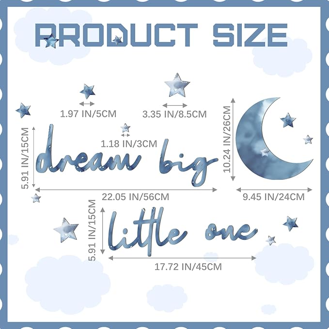 15 Pcs Moon and Stars Nursery Decor Dream Big Little One Wall Decor Boho Neutral Babyroom Wall Art Nursery Sign for Boys Girls Bedroom Home Farmhouse Living Playroom (Blue)