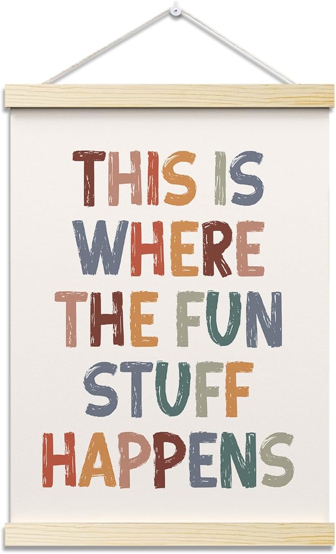 This is Where All The Fun Stuff Happens Posters Hanger Frame for Playroom Boho Hanging Poster for Nursery Classroom Decor Wall Art Decor for Kid Room Canvas Wall Art Print 16x12 Inches - YY057