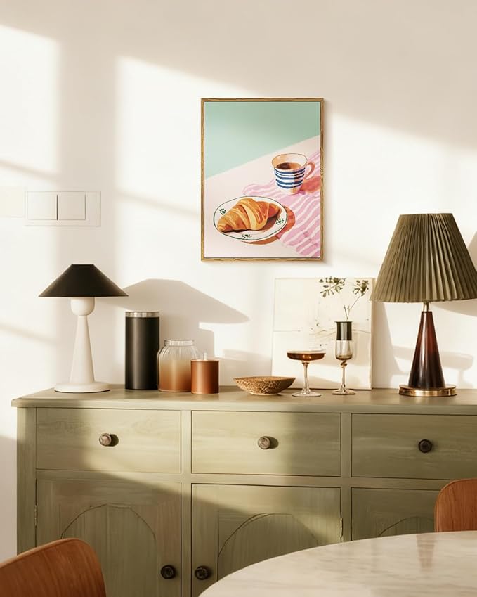 Framed Wall Art 12x16 Inch Coffee Cup and Croissant Canvas Print, Pastel Watercolor Breakfast Illustration Painting, Minimalist Modern Food Artwork Kitchen Dining Room Cafe Aesthetic Decor Gift