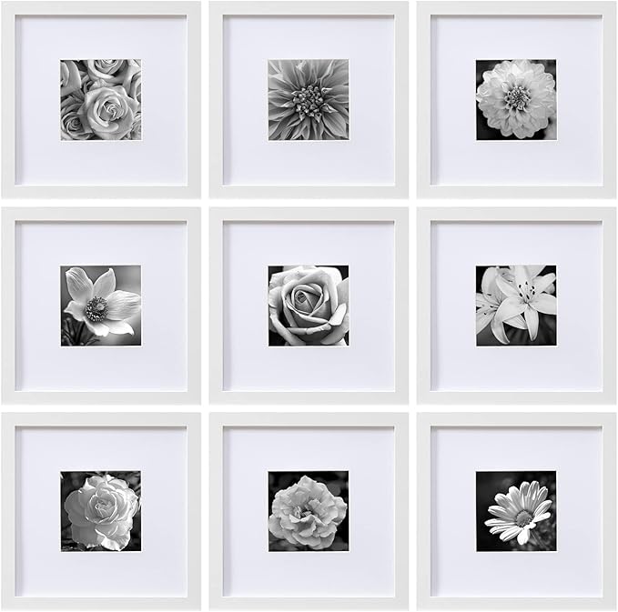 eletecpro 10x10 Picture Frames Set of 9 with Mat for 5x5 Photos or without Mat for 10x10, Square Gallery Wall Decor Collage for Picture Display, White Frame Set for Wall Hanging