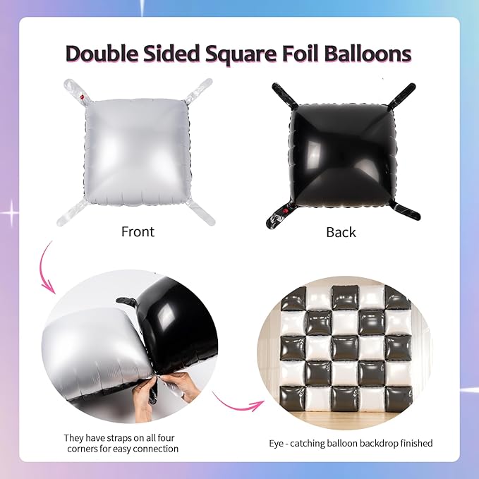 25pcs Black and White Double sided Foil Square Balloon Backdrop Wall with 139pcs White Black Star Balloons Arch Balloon Tunnel for Checkered Racing Car Birthday New Year Party Decoration