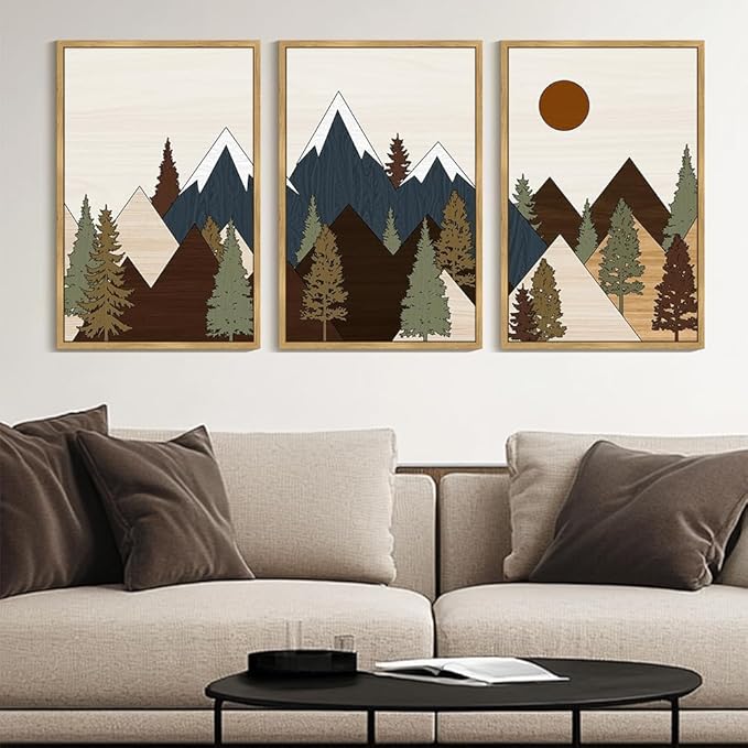 Drsoum Morden Mountains Landscape Wall Art Framed Boho Pine Tree Forest Nature Prints Boho Farmhouse Rustic Artwork Hallway Bedroom Ready to Hang 24x36in Natural Framed