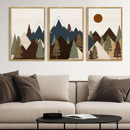 Drsoum Morden Mountains Landscape Wall Art Framed Boho Pine Tree Forest Nature Prints Boho Farmhouse Rustic Artwork Hallway Bedroom Ready to Hang 24x36in Natural Framed
