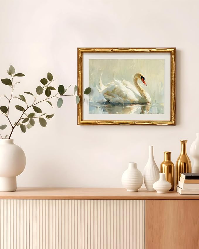 VIYYIEA Bamboo Detail Design Gold Framed Wall Art, Swan Canvas Prints, Vintage Framed Wall Decor, Picture Print Painting for Home Decor, 11 x 14 Inch