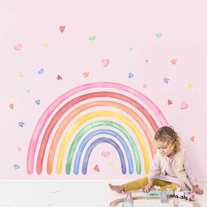 42" x 26" Rainbow Wall Decals Stickers for Girls Nursery Peel and Stick Watercolor Rainbow Hearts Stars Vinyl Wall Mural for Kids Toddlers Bedroom Playroom Classroom