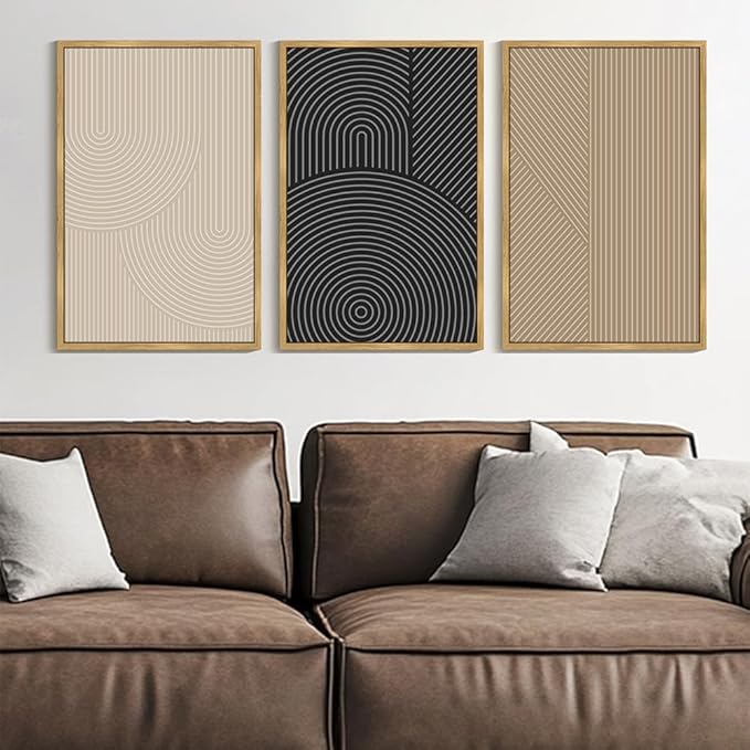 Drsoum Minimalist Boho Wall Art Framed Modern Abstract Neutral Line Wall Decor Mid Century Geometric Artwork Bedroom Living Room 24x36in Natural Framed